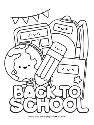 back to school coloring page with kawaii backpack and school supplies