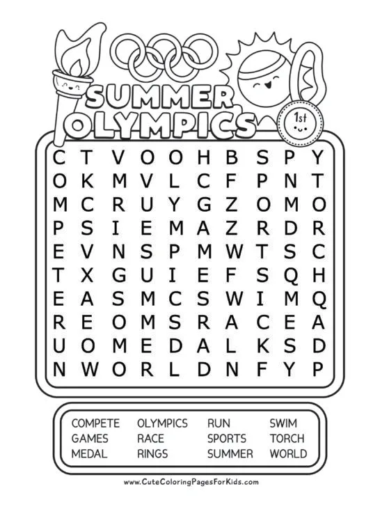 word search puzzle sheet with the words "summer olympics" and cute illustrations of Olympics-inspired characters. 