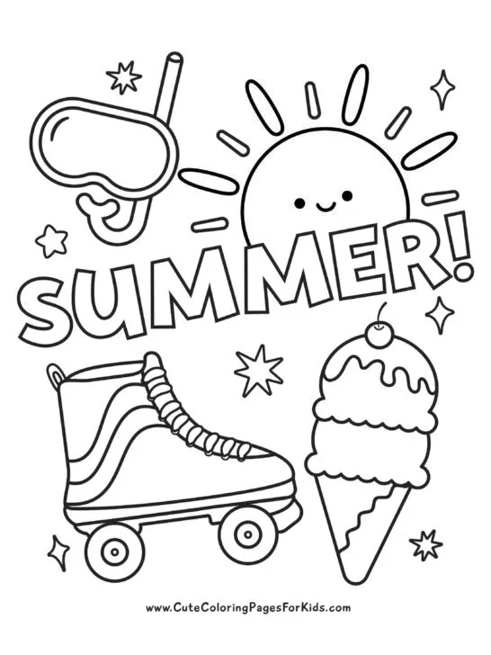 summer coloring sheet with sun, snorkel mask, ice cream cone, and roller skate and the word summer
