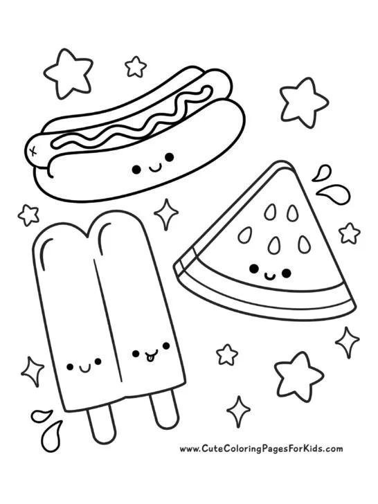 coloring sheet with kawaii hot dog, watermelon slice, and twin popsicles