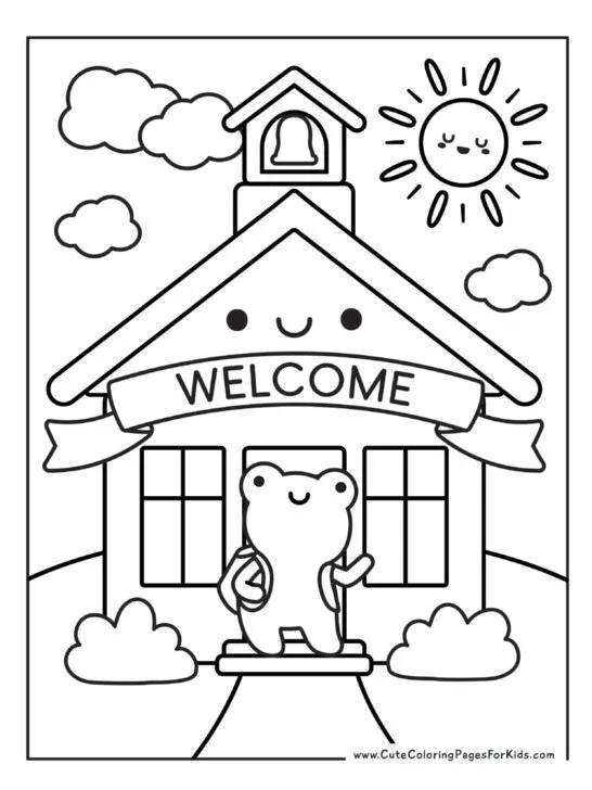 coloring page with illustration of a kawaii schoolhouse in the back and a cute frog wearing a backpack in the foreground. Sun and clouds in backdrop.