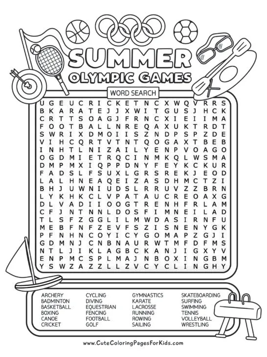 Word search puzzle sheet with illustrations and words associated with the sports of the summer olympics, in black and white