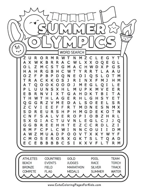 summer olympics word search page in black and white with Olympics-themed illustrations and words