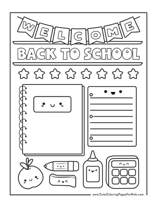 Coloring sheet with WELCOME back to school across the top plus stars and cute illustrations of school supplies to color