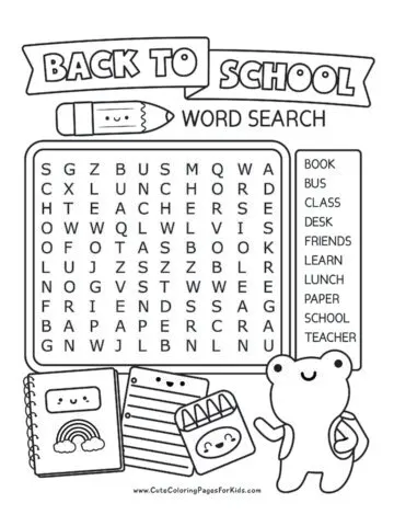 back to school themed word search puzzle with 10 words and simple illustrations of school supplies