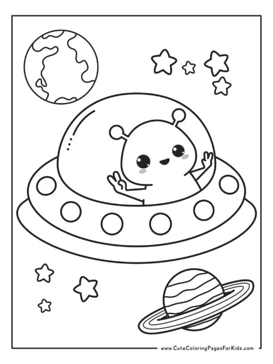 cute alien in space ship coloring page with stars and planets