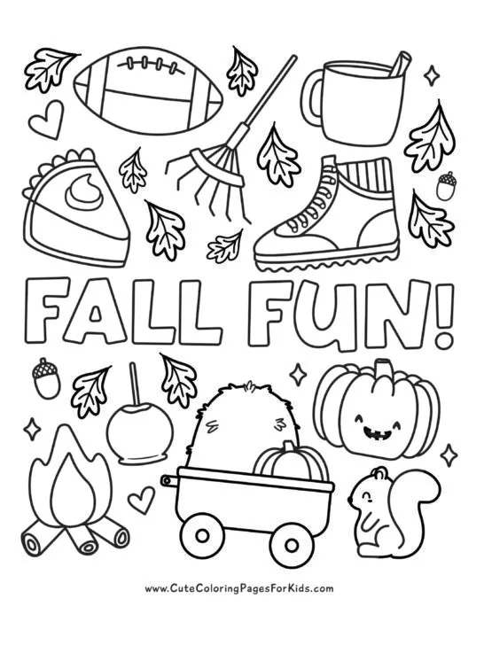 fall fun coloring sheet with simple illustrations of fall elements such as a football, rake, leaves, boot, candy apple, jack-o-lantern, squirrel, acorns, pumpkin pie, bonfire, and the words "Fall Fun"