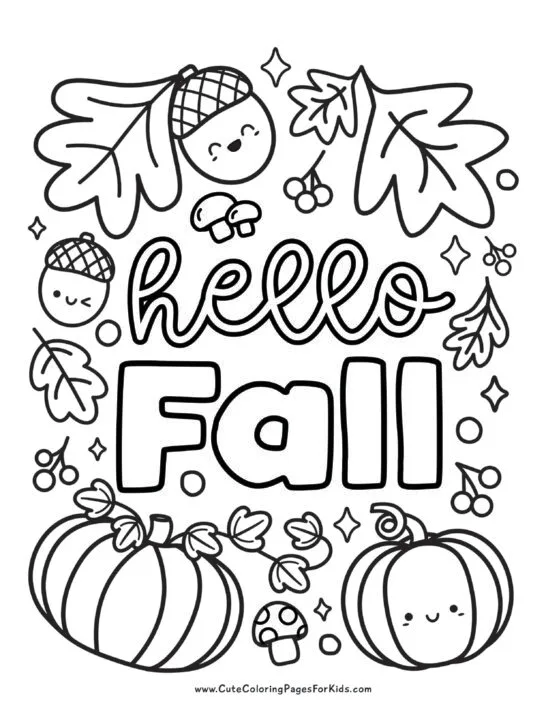 hello fall coloring page with cute acorns and pumpkin, plus falling leaves, berries, and mushrooms