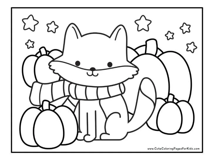 coloring sheet with picture of a cute fox wearing a striped scarf, surrounded by pumpkins, with stars in the sky