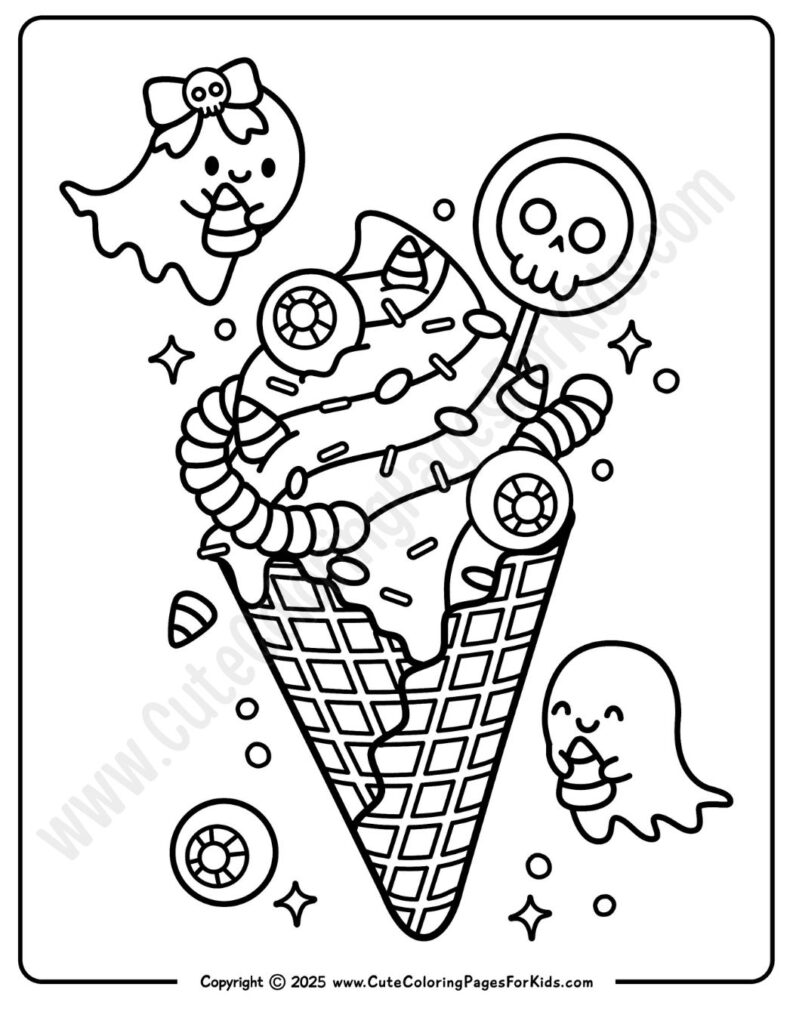 detailed coloring page with picture of a waffle ice cream cone filled wth ice cream and Halloween candies, plus two small ghosts carrying candy corn