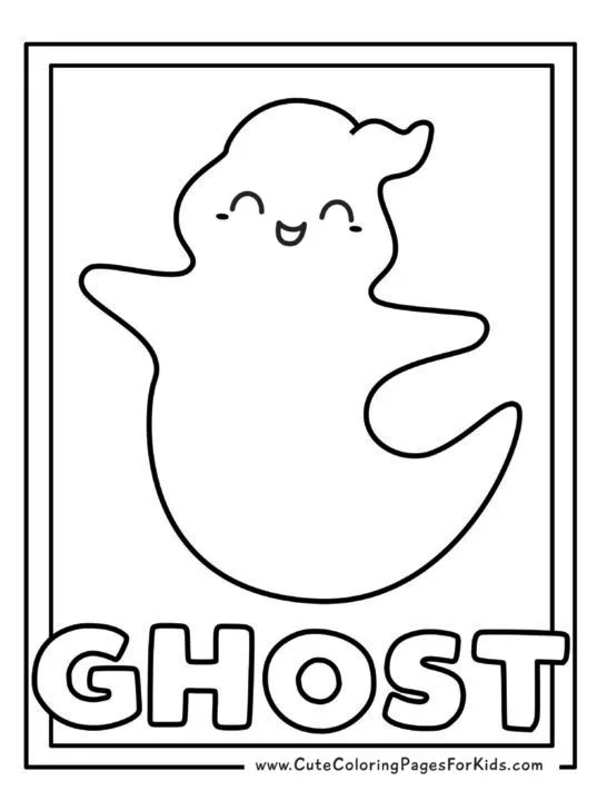 simple ghost coloring page with one happy ghost and the word GHOST underneath it.