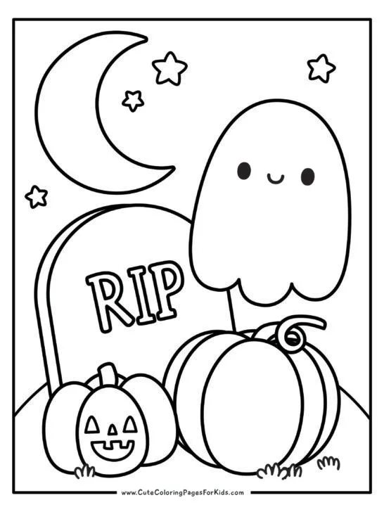 coloring sheet with illustration of a simple, cute ghost floating around a gravestone, a pumpkin, and a jack-o-lantern with the moon and stars in the background