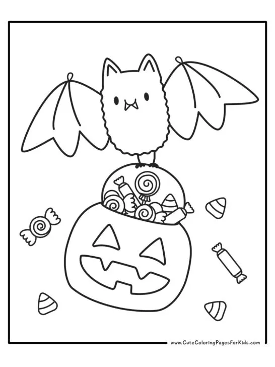 coloring sheet with picture of a cute bat flying with a basket of halloween candy