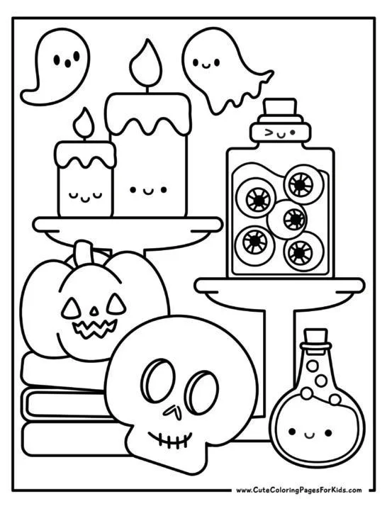 Halloween themed coloring page with cute kawaii elements, including candles, ghosts, skull, potions, and apothecary bottles