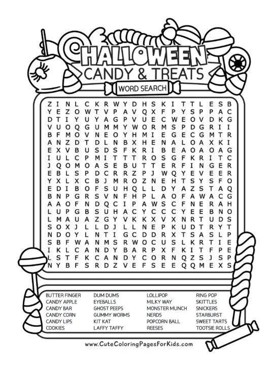 word search printout with the words "Halloween Candy and Treats" at the top and a word puzzle in a frame, plus a word bank box at the bottom. Illustrations of candy are around the word search puzzle.