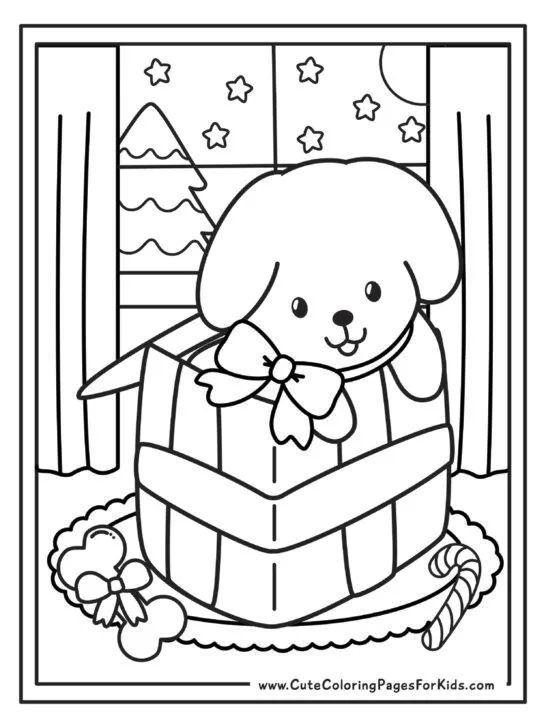 detailed Christmas puppy coloring page with cute puppy popping out of a gift box in front of a snowy window.