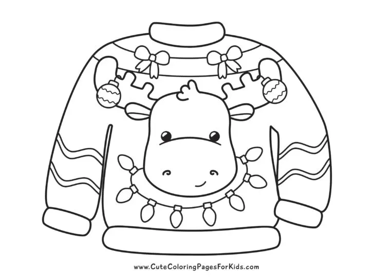 ugly christmas sweater coloring page showing sweater with moose head and festive elements