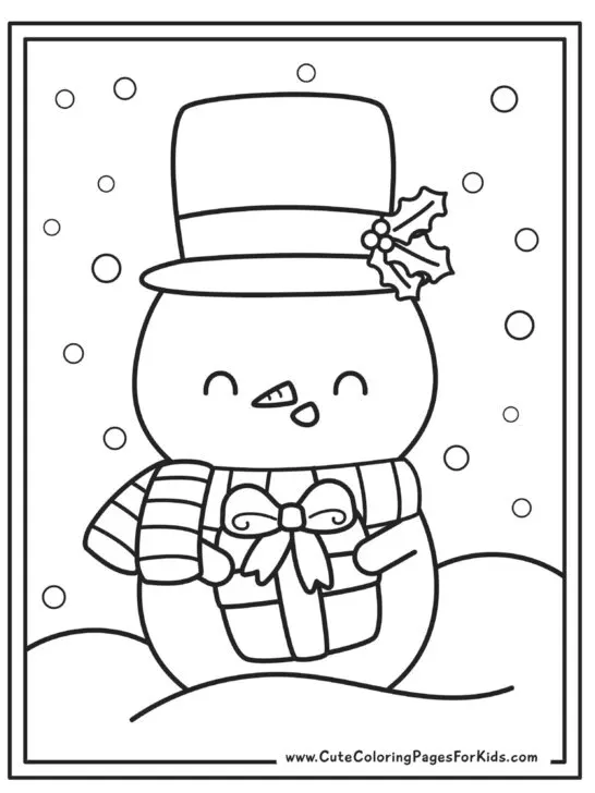 Christmas snowman coloring page with snowman holding a gift