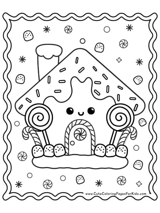 kawaii gingerbread house coloring page with icing, lolipops, candy canes, gumdrops, and sprinkles