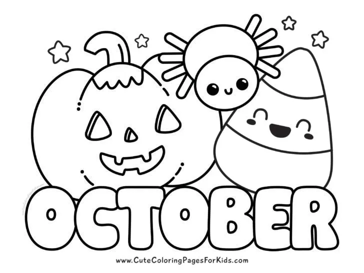 cute october coloring page with simple illustrations of a jack o lantern, cute spider, and candy corn