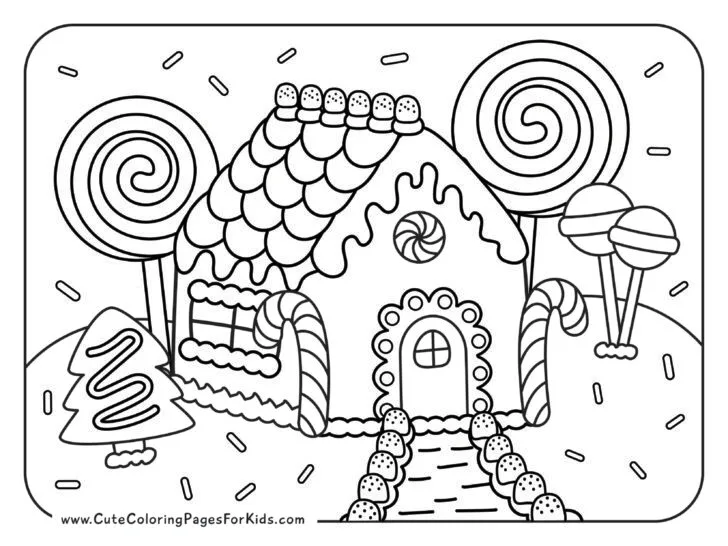 detailed coloring page of a gingerbread house with lollipops, candy canes, gumdrops, and sprinkles