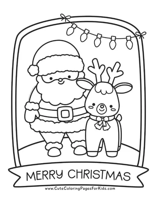 Christmas coloring sheet with cute reindeer standing next to Santa Clause under Christmas string lights.