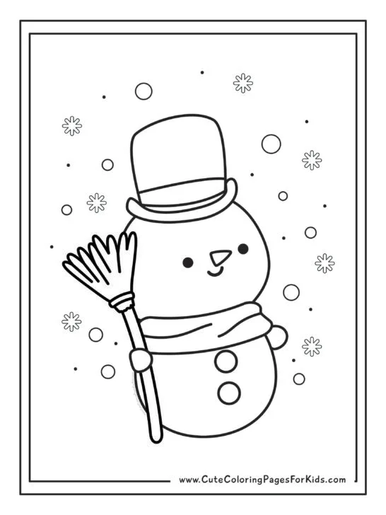 simple snowman coloring page with a cute snowman holding a broom