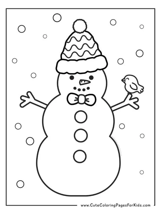easy snowman coloring page with tall snowman wearing a bow and a hat with a bird on his branch hand