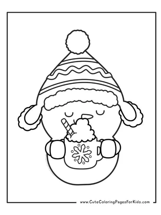 coloring page with picture of a cute snowman who is wearing a hat and drinking a cup of hot cocoa with whipped cream