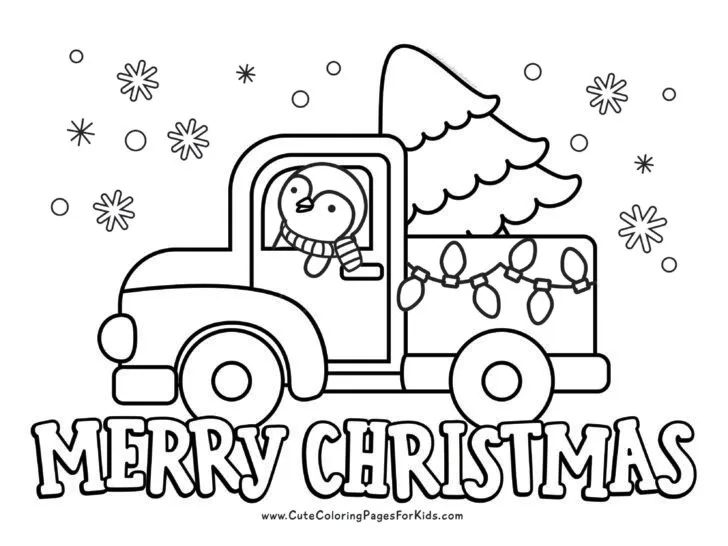 Merry Christmas coloring page with holiday truck hauling a christmas tree