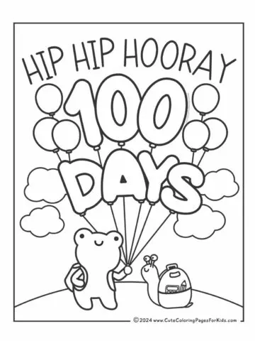 100 Days of School coloring sheet with cute frog and snail and the words Hip Hip Hooray 100 Days