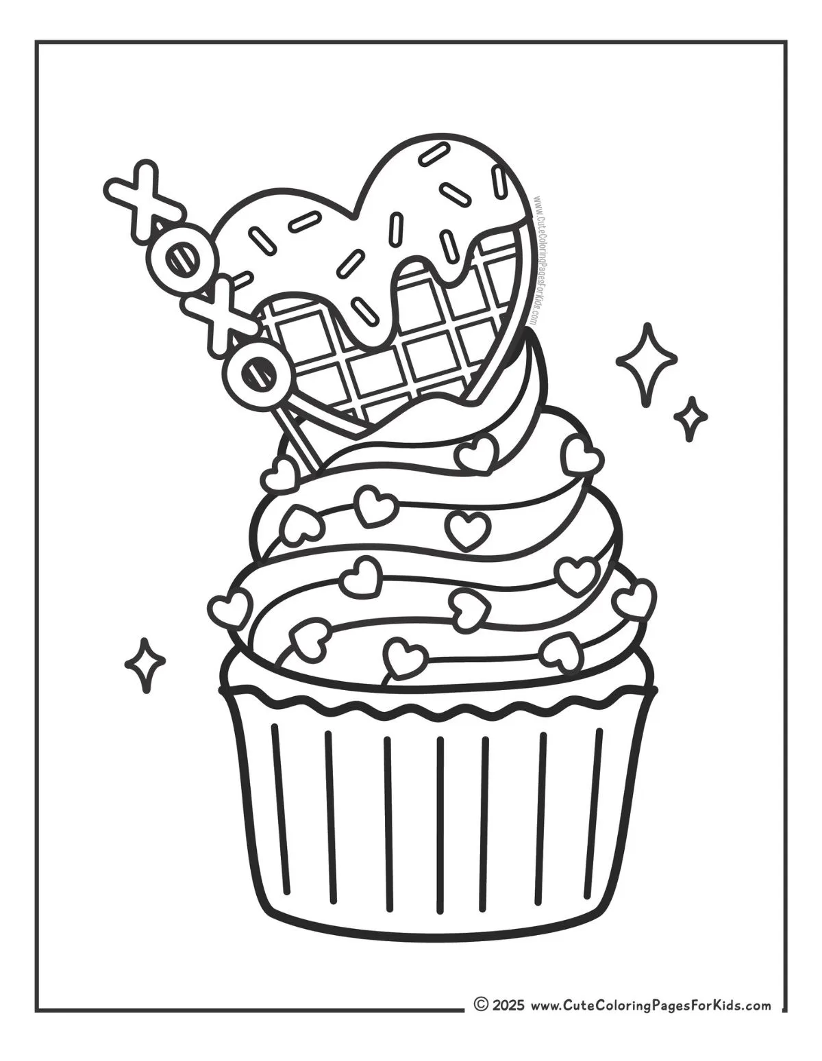 detailed Valentines Day cupcake coloring page with waffle heart and xoxo stick