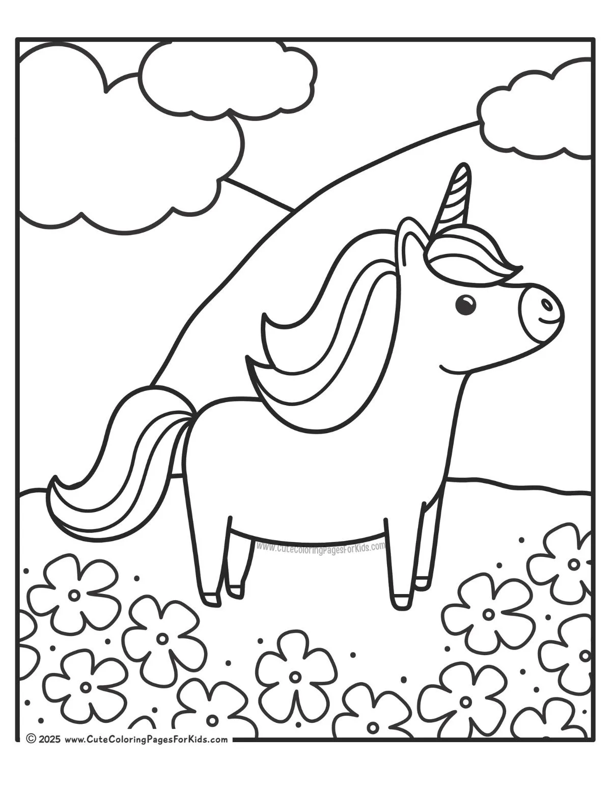 coloring page of unicorn in field of flowers