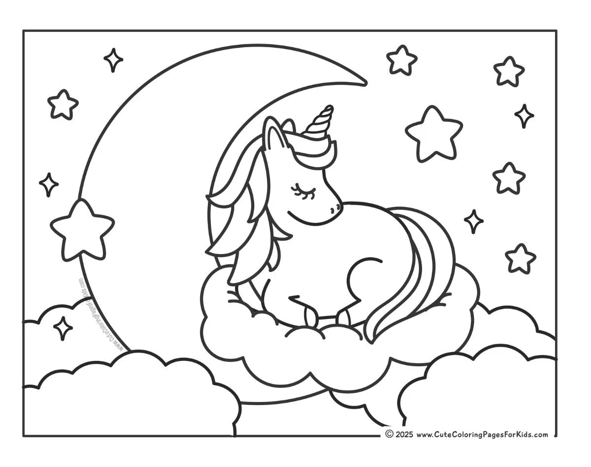 sleeping unicorn with moon and clouds coloring page