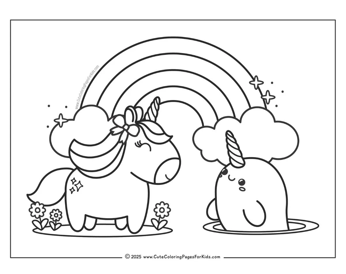 kawaii unicorn and narwhal cute coloring page