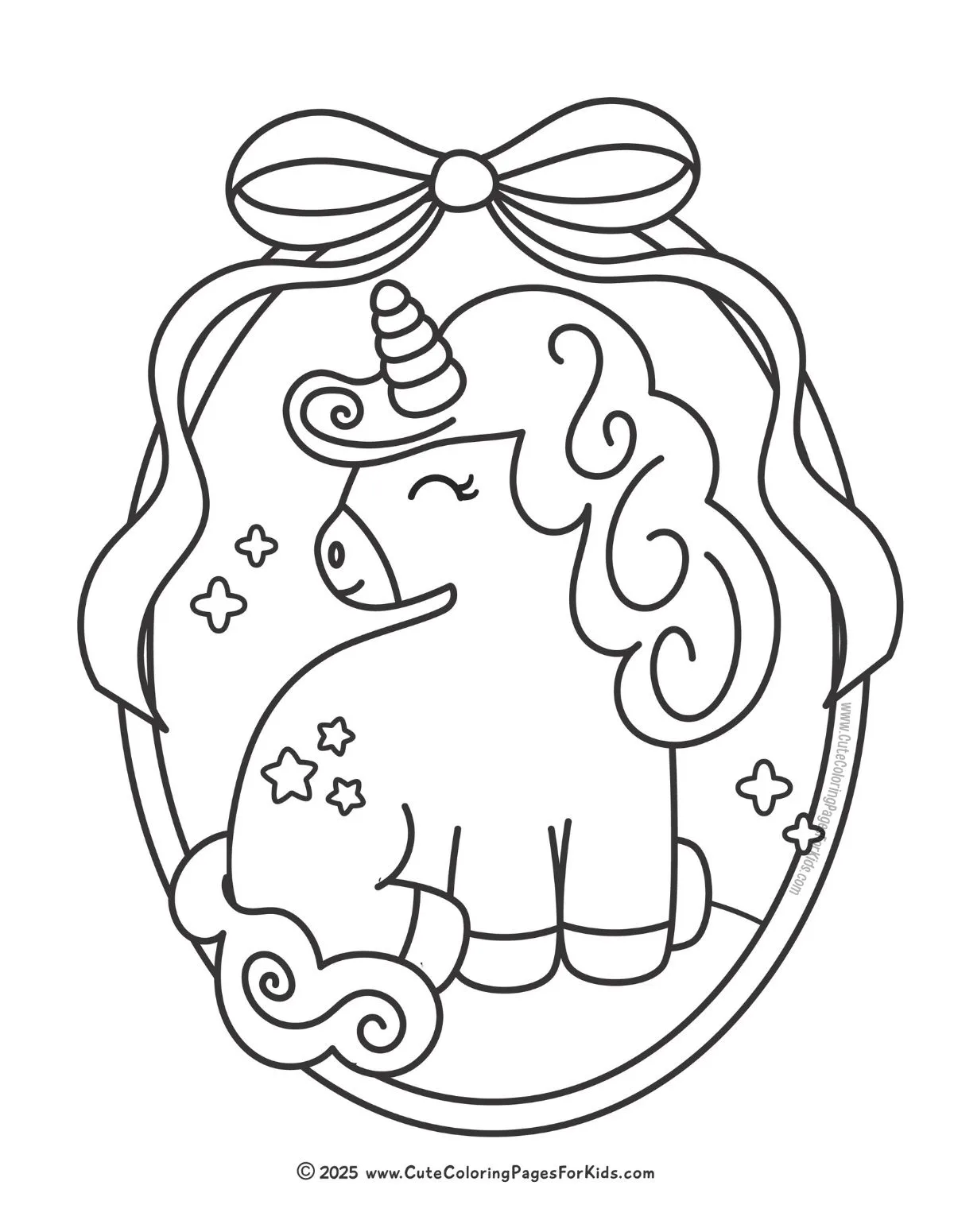 unicorn coloring page with pretty bow and frame