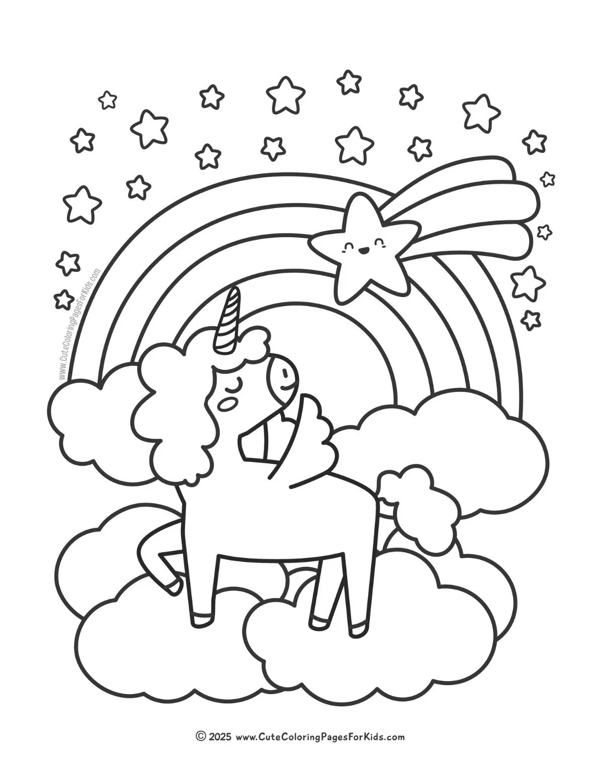 Pegasus unicorn coloring page with rainbow and stars