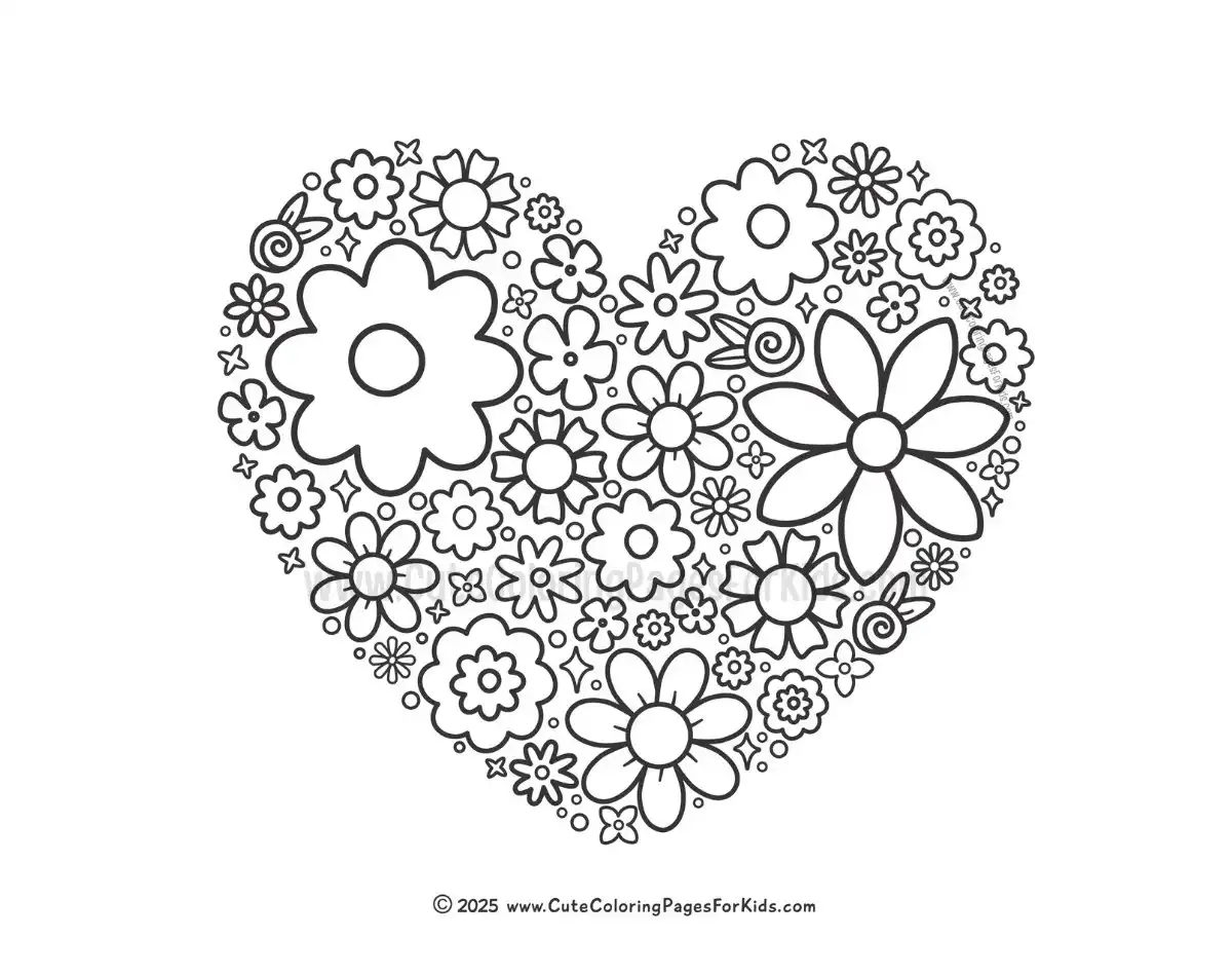 coloring sheet with small flower pattern inside a heart shape