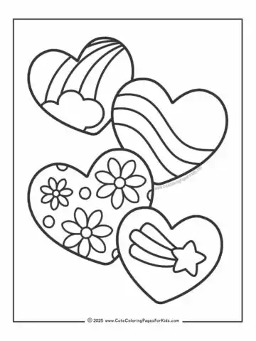 hearts with patterns coloring sheet