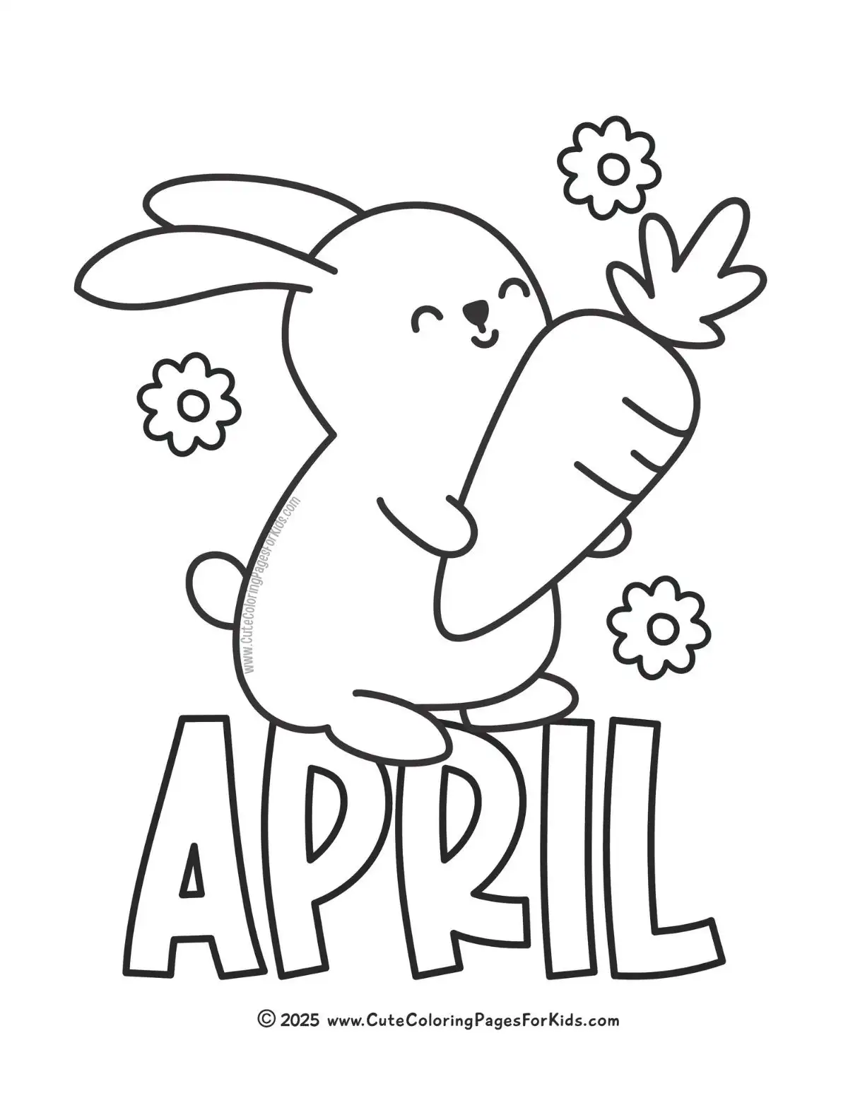 april coloring page with cute bunny holding a carrot and little flowers decorating the page