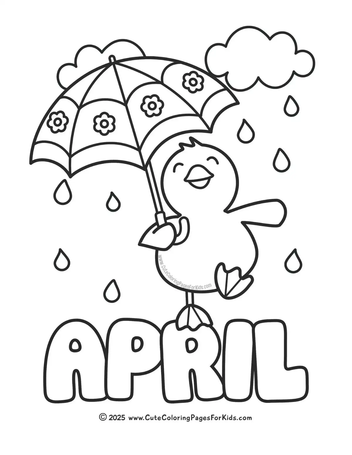 april coloring page with cute duckling holding an umbrella and walking in the rain