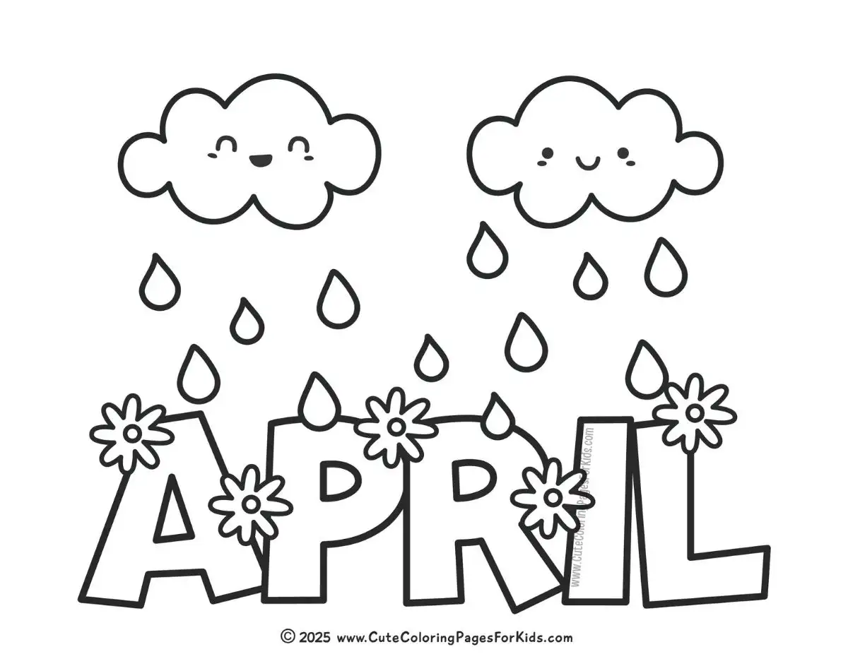 april showers coloring page with the word april and two rain clouds