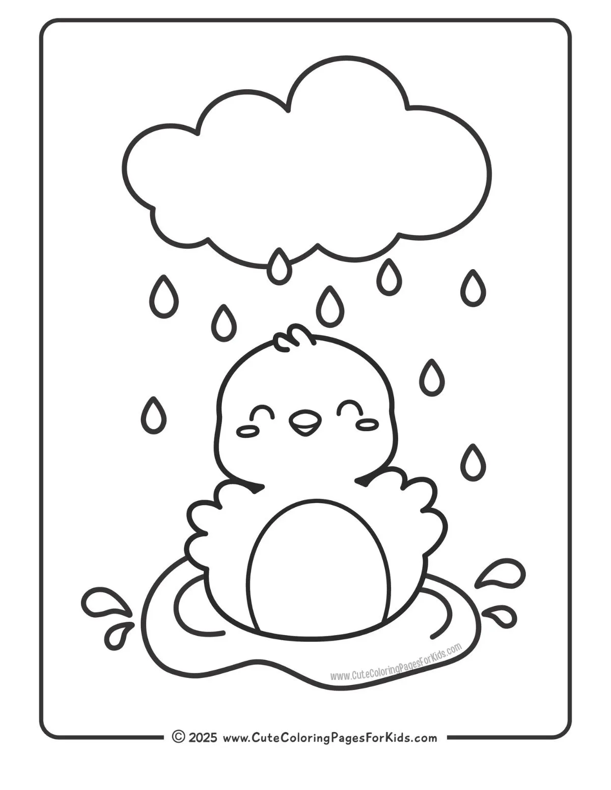 coloring page with picture of a cute rainy day chick in a puddle 