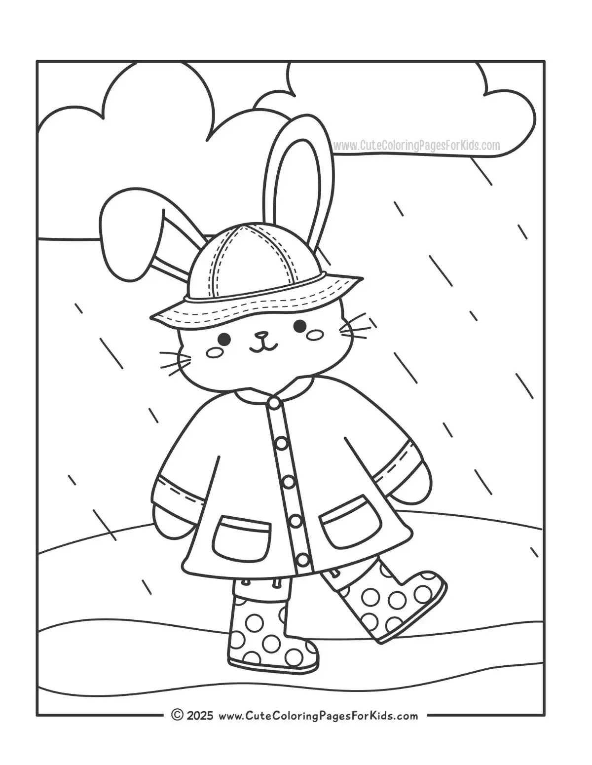 coloring page of a bunny wearing rain gear and walking in the rain