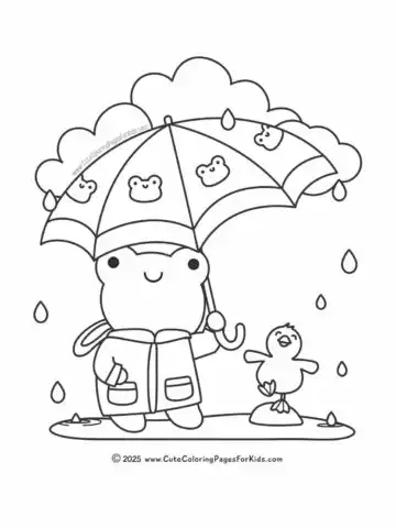 frog and duckling coloring page with umbrella, clouds, rain, and puddle
