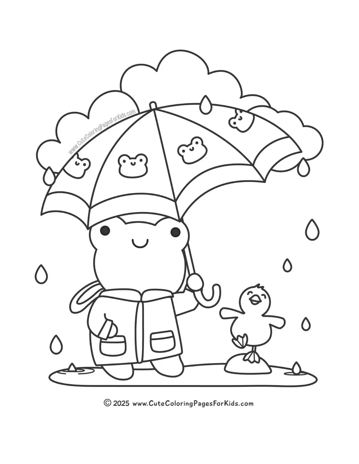frog and duckling coloring page with umbrella, clouds, rain, and puddle