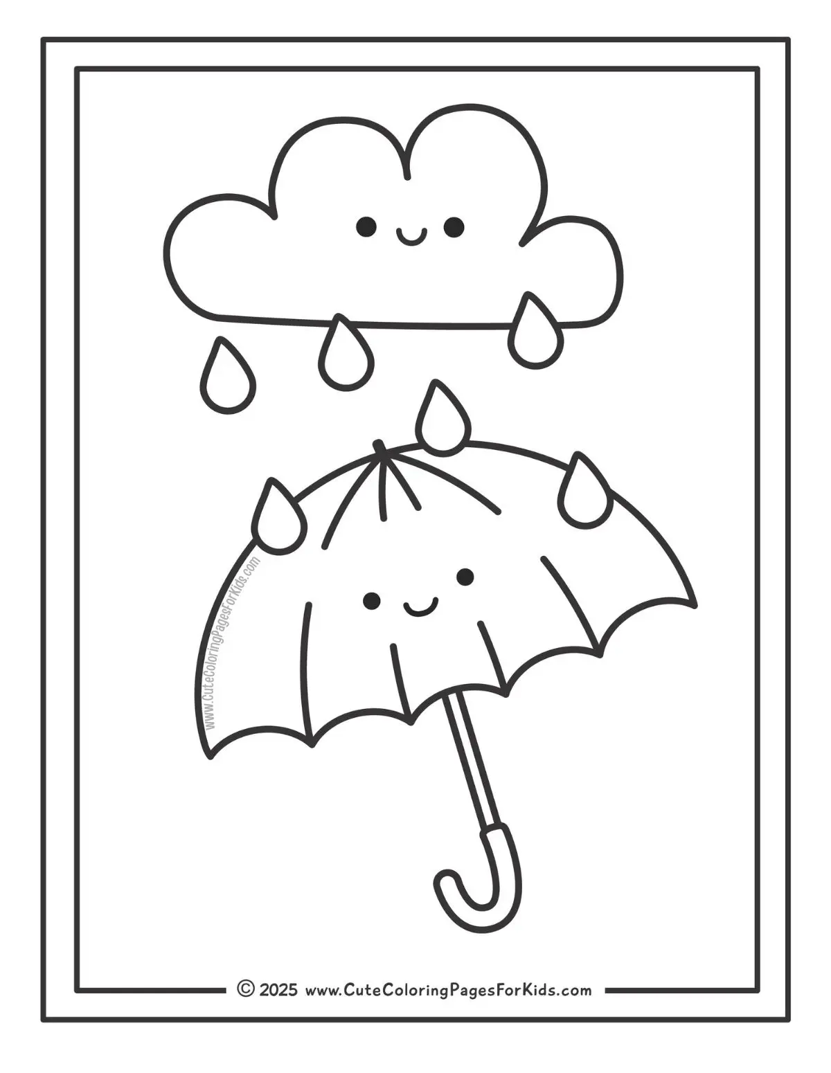 easy rain coloring page with simple rain cloud and umbrella to color