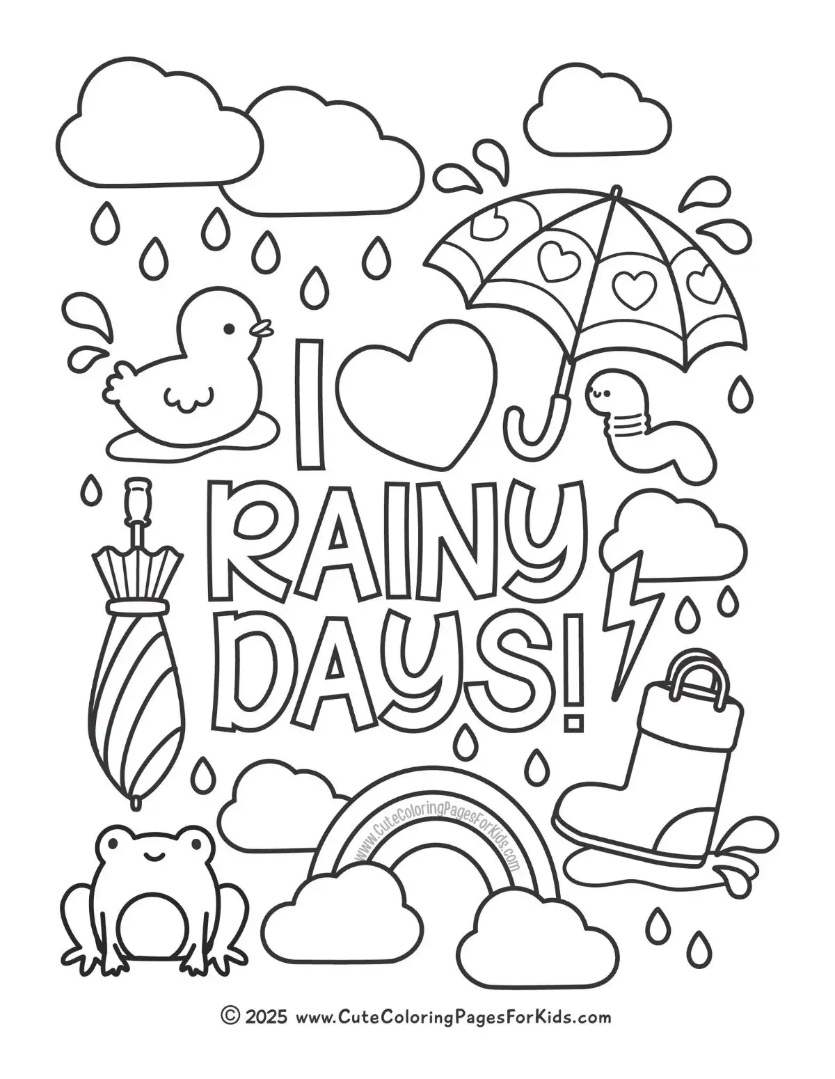 I heart rainy days coloring page with doodles 