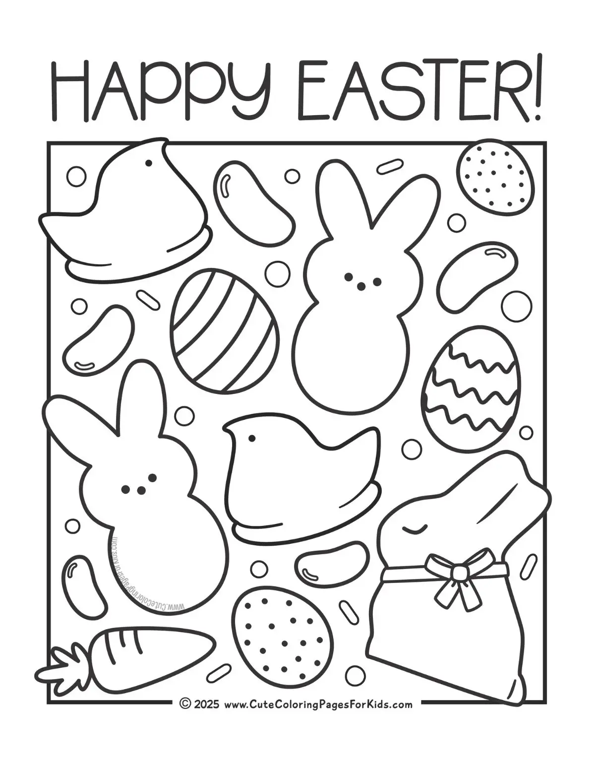 Easter candy coloring page with peeps, chocolate bunny, jelly beans, candy eggs, and carrots