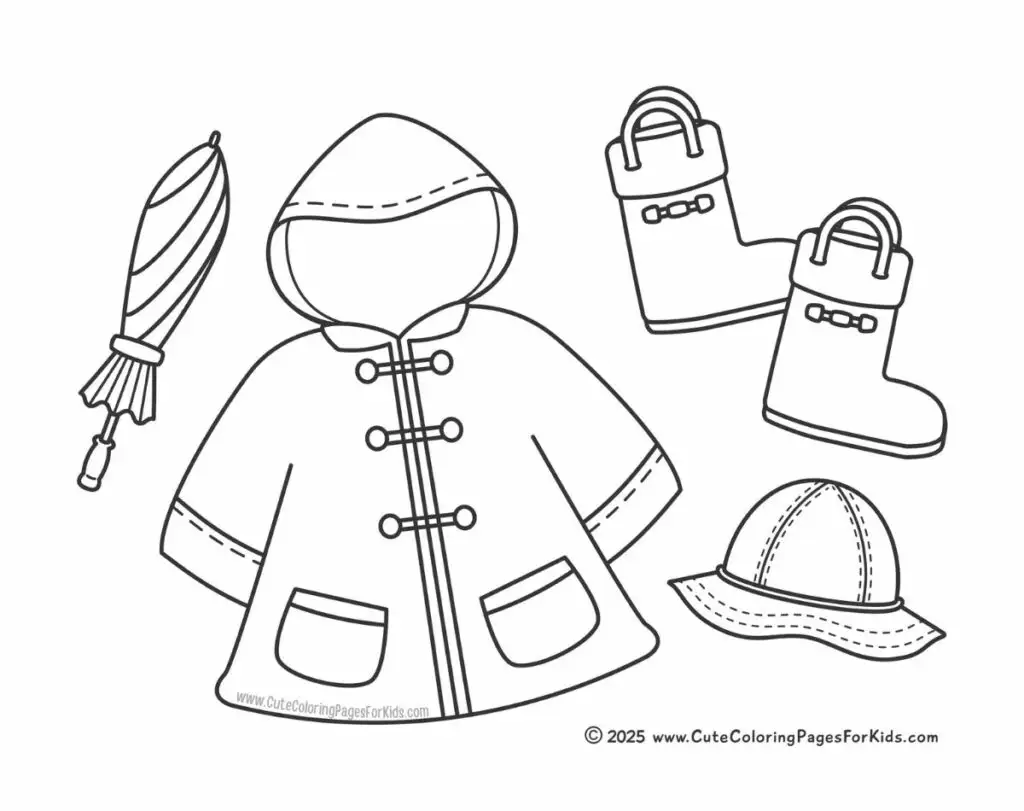 rain gear coloring page with simple drawings of rain jacket, boots, rain hat, and umbrella to color